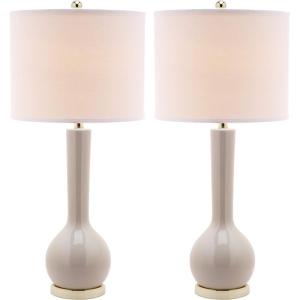 SAFAVIEH Lighting Collection Mae Long Neck Modern Contemporary Green Ceramic 31-inch Bedroom Living Room Home Office Desk Nightstand Table Lamp Set of 2 (LED Bulbs Included)(Light Grey – Set of 2)