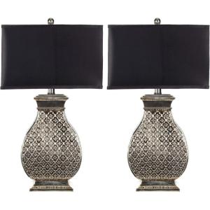 SAFAVIEH Lighting Collection Malaga Silver/ Black Rectangle Shade 30-inch Bedroom Living Room Home Office Desk Nightstand Table Lamp Set of 2 (LED Bulbs Included)