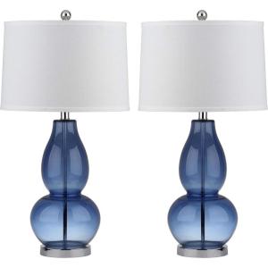 SAFAVIEH Lighting Collection Mercurio Crackle Glass Double Gourd 29-inch Bedroom Living Room Home Office Desk Nightstand Table Lamp Set of 2 (LED Bulbs Included)(Blue)