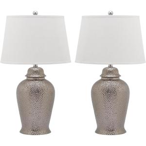 SAFAVIEH Lighting Collection Metallica Silver Ginger Jar 28-inch Bedroom Living Room Home Office Desk Nightstand Table Lamp Set of 2 (LED Bulbs Included)(Silver)