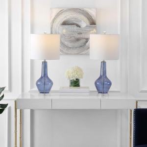 SAFAVIEH Lighting Collection Velor Blue Glass 24-inch Bedroom Living Room Home Office Desk Nightstand Table Lamp Set of 2 (LED Bulbs Included)(Blue – Set of 2)