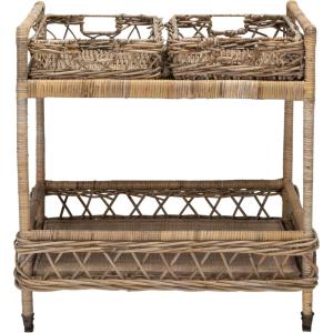 Safavieh Home Collection Ambrose BCT6500A Grey Wash and Antique Brass 2 Tier Rattan Bar Cart