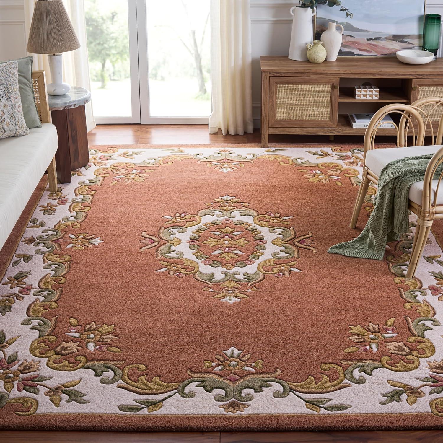 image:imageSAFAVIEH 8x10 Area Rug Aubusson Collection Large Peach amp Ivory Handmade Wool Ideal for Living Room Bedroom Dining Space AUB301SPeachIvory