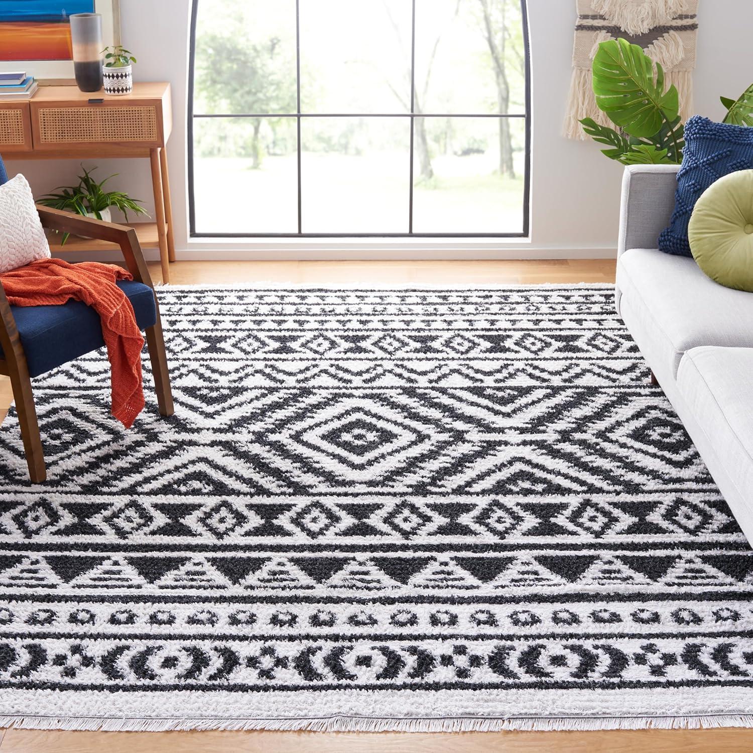 image:imageSAFAVIEH Area Rug 8x10 Augustine Collection Large Green amp Ivory Cotton Moroccan Boho Tribal Fringe Design Easy Cleaning Ideal for Living Room Bedroom Office Dining Space AGT849YBlackIvory