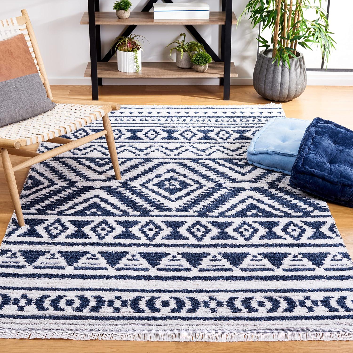 image:imageSAFAVIEH Area Rug 8x10 Augustine Collection Large Green amp Ivory Cotton Moroccan Boho Tribal Fringe Design Easy Cleaning Ideal for Living Room Bedroom Office Dining Space AGT849YNavyIvory