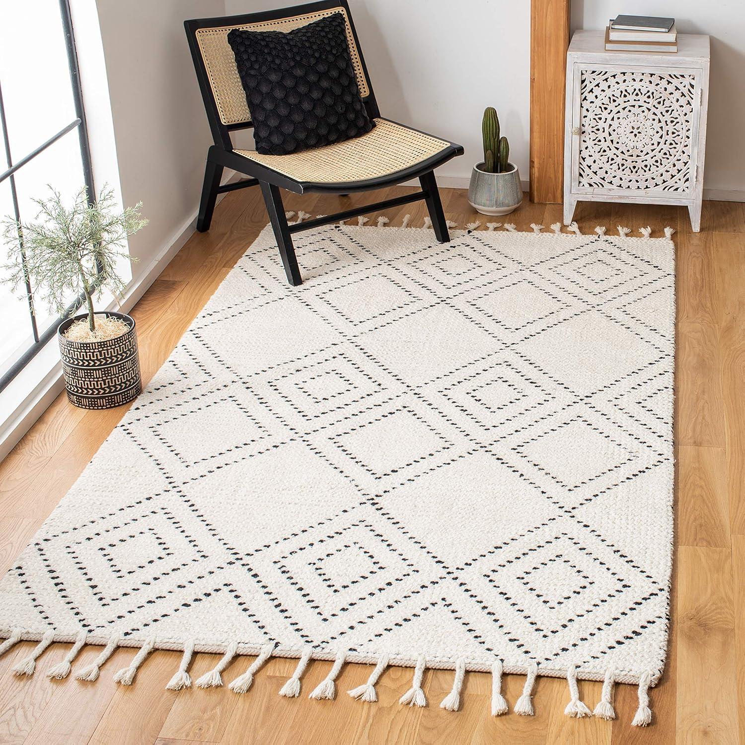 image:imageSAFAVIEH Area Rug 8x10 Casablanca Collection Large Ivory amp Black Handmade Wool Moroccan Boho Braided Tassel Ideal for Living Room Bedroom Dining Space CSB676ZIvoryBlack