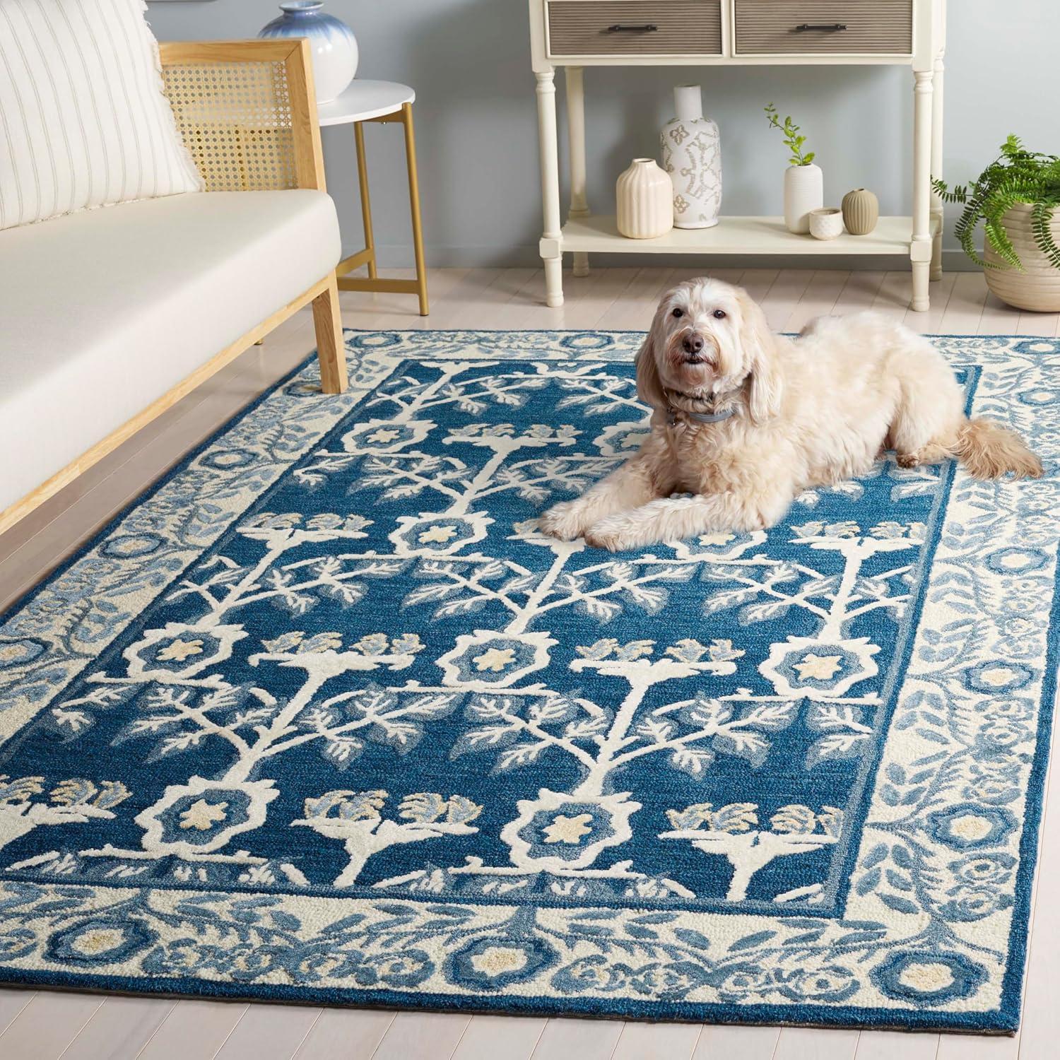 image:imageSAFAVIEH Area Rug 8x10 Earthly Treasures Collection Large Ivory amp Blue Handmade Wool amp Viscose Ideal for Living Room Bedroom Dining Space ET215MNavyIvory