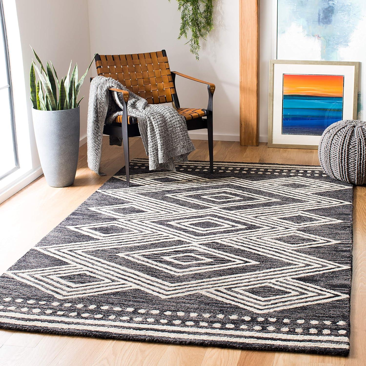image:imageSAFAVIEH Area Rug 8x10 MicroLoop Collection Large Ivory amp Navy Handmade Wool Moroccan Tribal Design Ideal for Living Room Bedroom Office Dining Space MLP156ACharcoalIvory