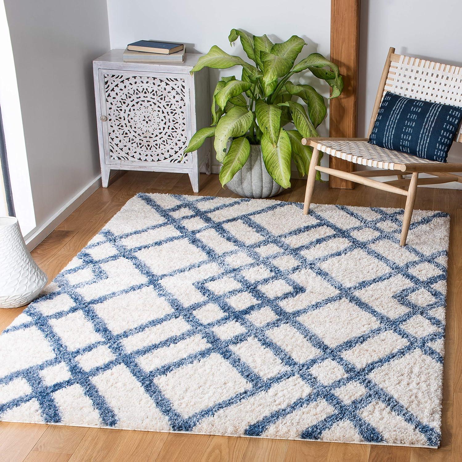 image:imageSAFAVIEH Berber Shag Collection 5 x 7 CreamGrey BER214A Moroccan NonShedding Living Room Bedroom Dining Room Entryway Plush 12inch Thick Area RugIvoryBlue