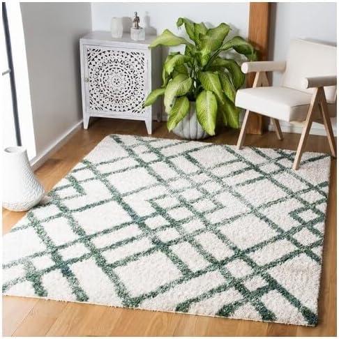 image:imageSAFAVIEH Berber Shag Collection 5 x 7 CreamGrey BER214A Moroccan NonShedding Living Room Bedroom Dining Room Entryway Plush 12inch Thick Area RugIvoryGreen