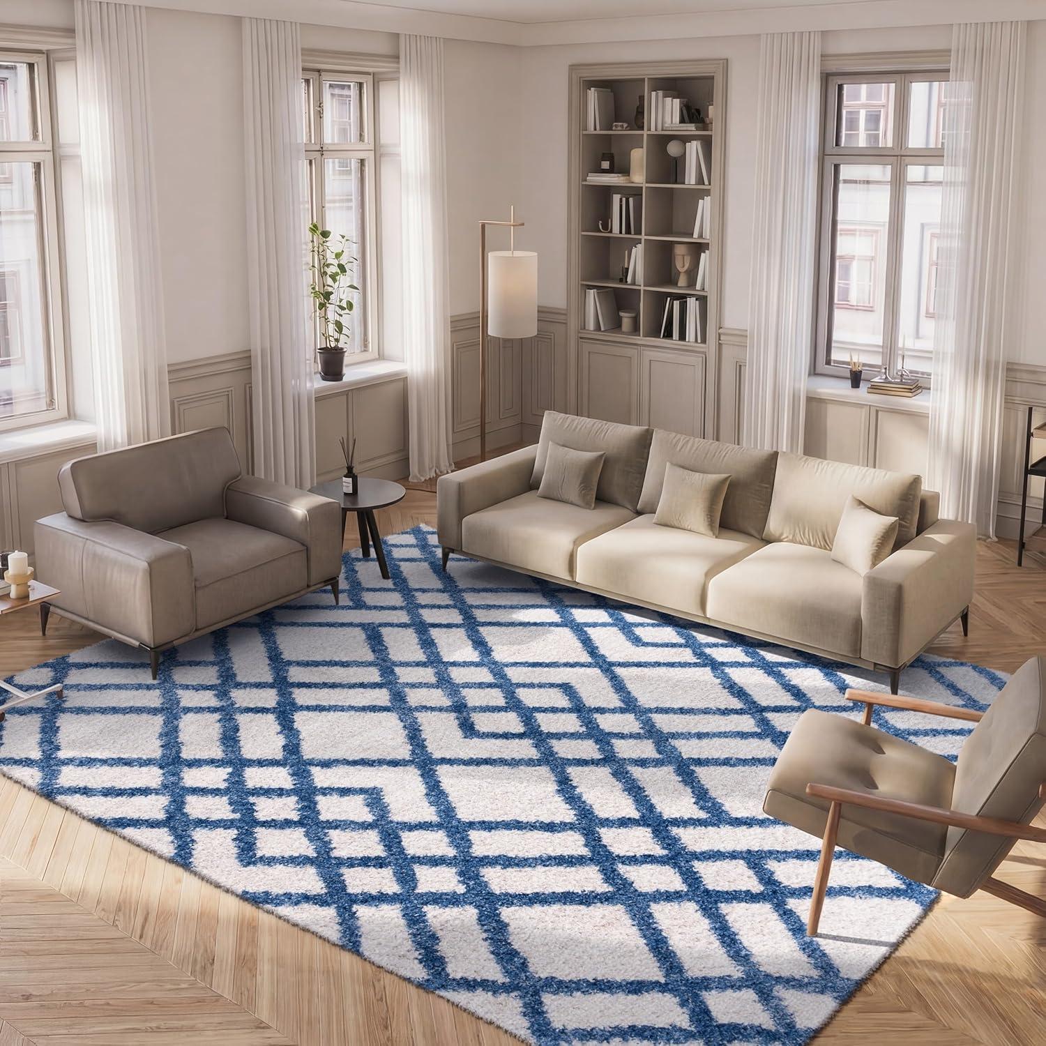 image:imageSAFAVIEH Berber Shag Collection 5 x 7 CreamGrey BER214A Moroccan NonShedding Living Room Bedroom Dining Room Entryway Plush 12inch Thick Area RugIvoryBlue