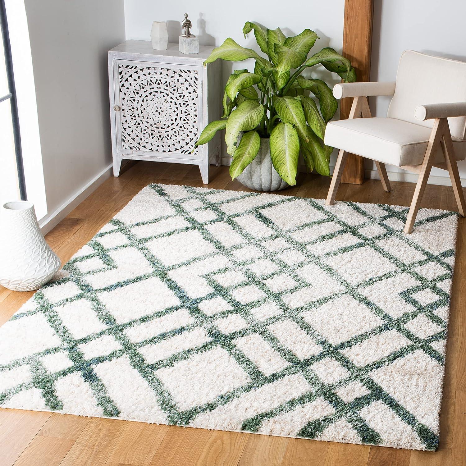 image:imageSAFAVIEH Berber Shag Collection 5 x 7 CreamGrey BER214A Moroccan NonShedding Living Room Bedroom Dining Room Entryway Plush 12inch Thick Area RugIvoryGreen