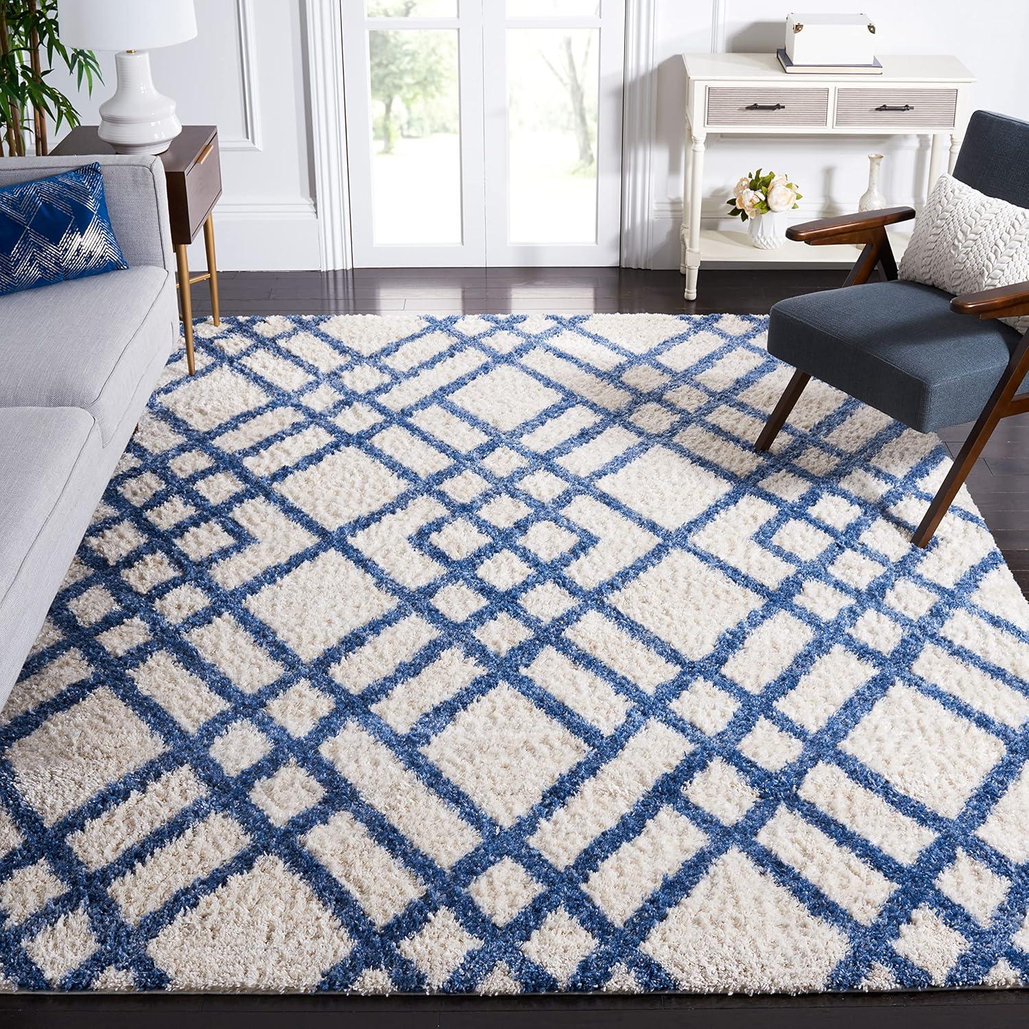 image:imageSAFAVIEH Berber Shag Collection 5 x 7 CreamGrey BER214A Moroccan NonShedding Living Room Bedroom Dining Room Entryway Plush 12inch Thick Area RugIvoryBlue