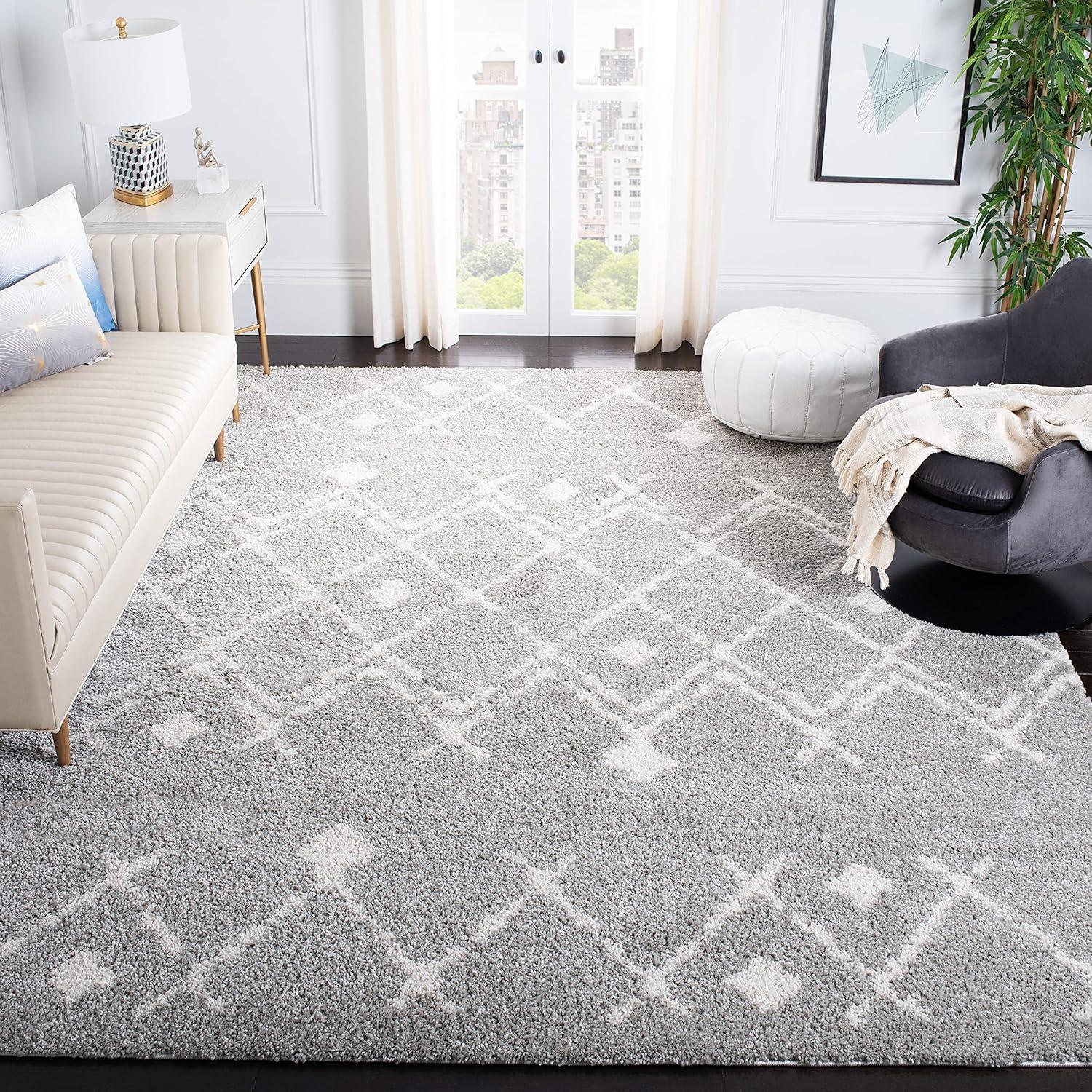 image:imageSAFAVIEH Berber Shag Collection 55 x 77 Cream Navy BER164D Moroccan NonShedding Living Room Bedroom Dining Room Entryway Plush 125inch Thick Area RugLight GreyCream