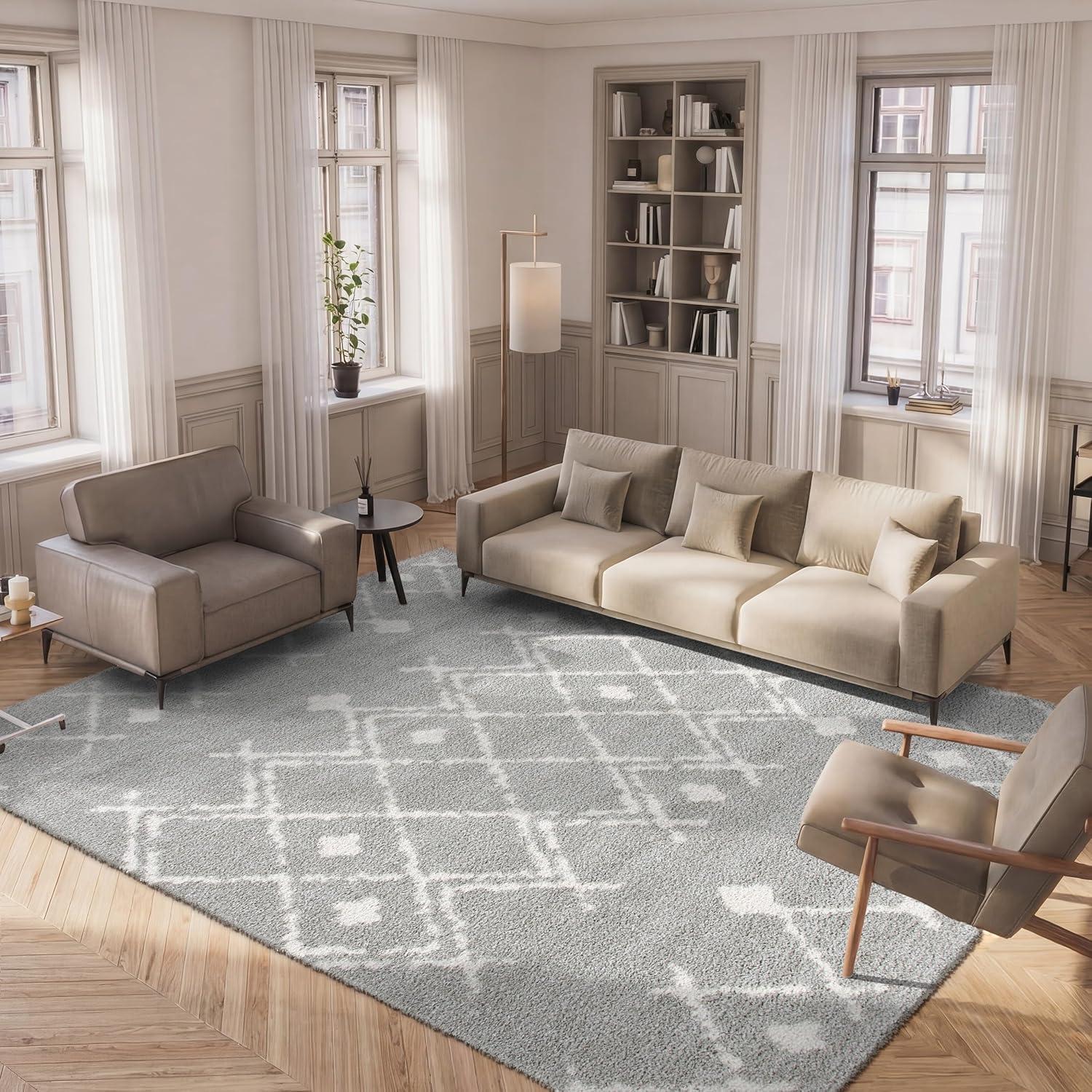 image:imageSAFAVIEH Berber Shag Collection 55 x 77 Cream Navy BER164D Moroccan NonShedding Living Room Bedroom Dining Room Entryway Plush 125inch Thick Area RugLight GreyCream