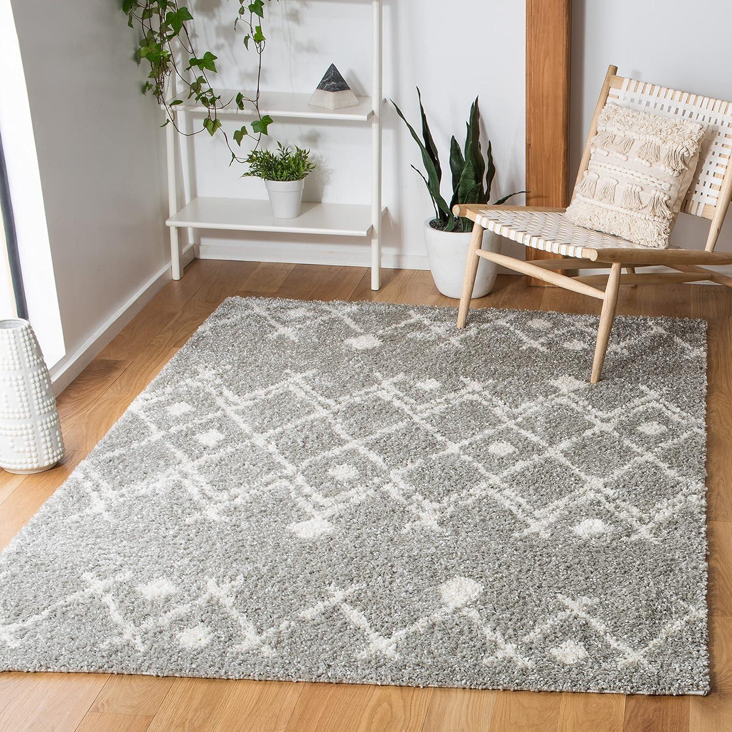 image:imageSAFAVIEH Berber Shag Collection 55 x 77 Cream Navy BER164D Moroccan NonShedding Living Room Bedroom Dining Room Entryway Plush 125inch Thick Area RugLight GreyCream