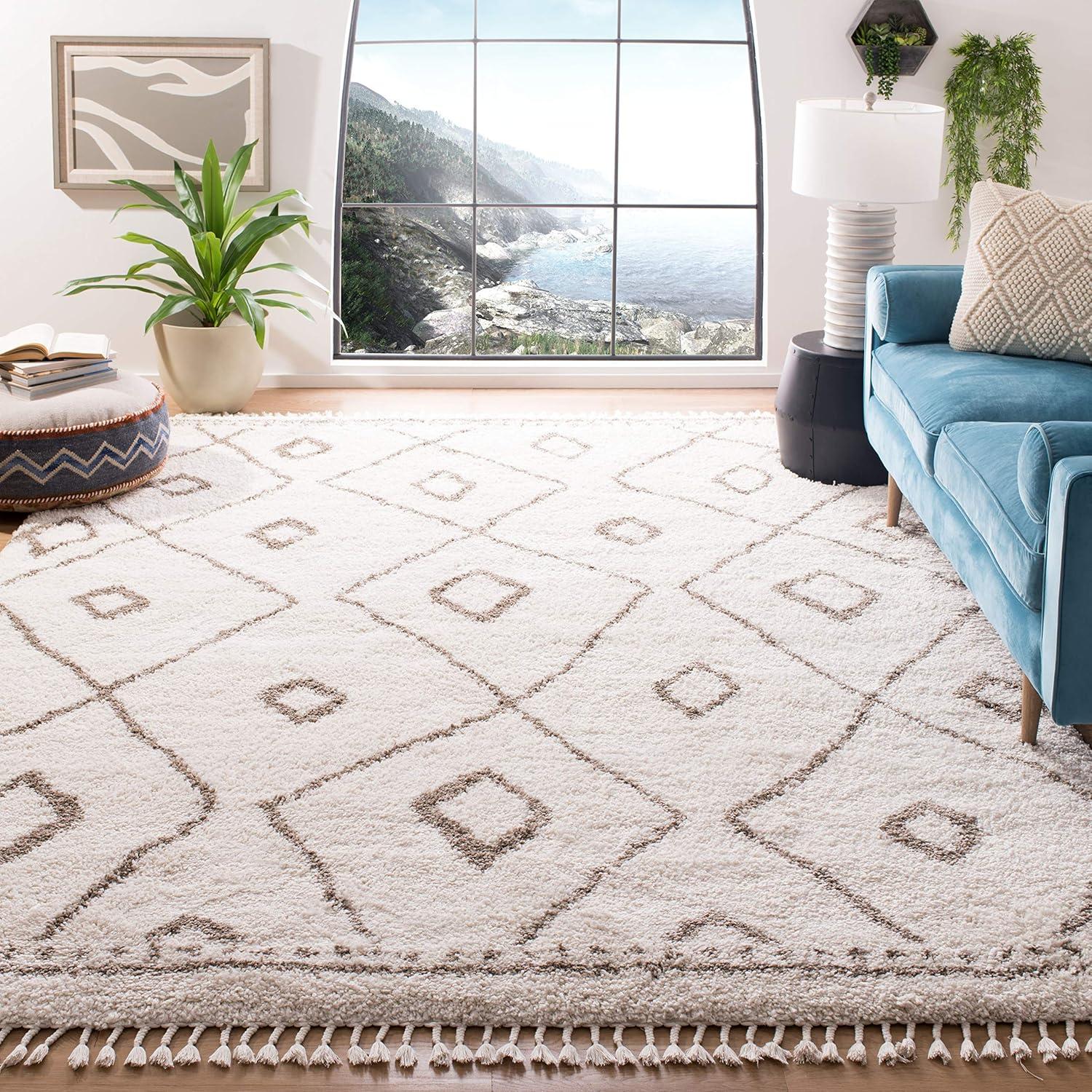 image:imageSAFAVIEH Moroccan Fringe Shag Collection Area Rug 53 x 76 Ivory amp Grey Boho Tribal Design NonShedding amp Easy Care 2inch Thick Ideal for High Traffic Areas in Living Room Bedroom MFG333AIvoryBeige