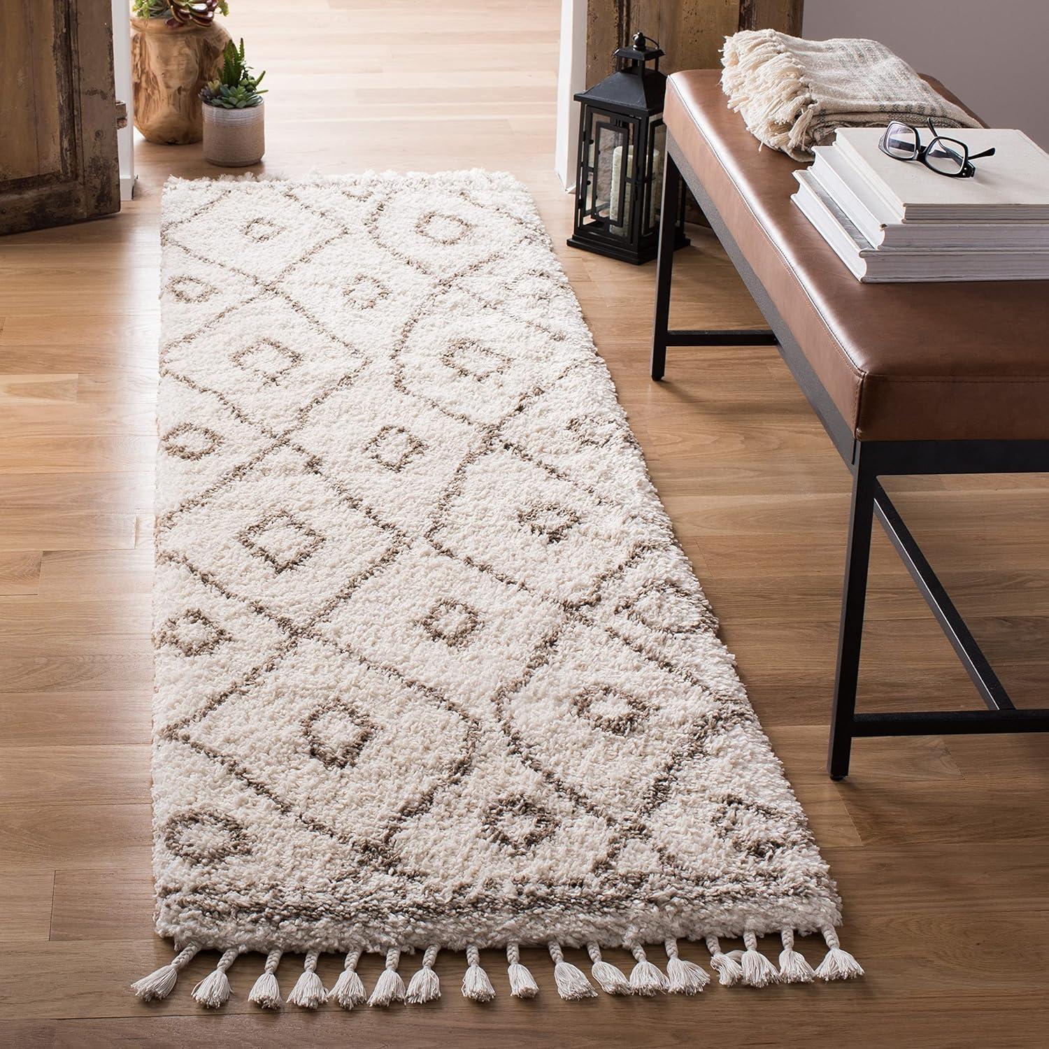 image:imageSAFAVIEH Moroccan Fringe Shag Collection Area Rug 53 x 76 Ivory amp Grey Boho Tribal Design NonShedding amp Easy Care 2inch Thick Ideal for High Traffic Areas in Living Room Bedroom MFG333AIvoryBeige