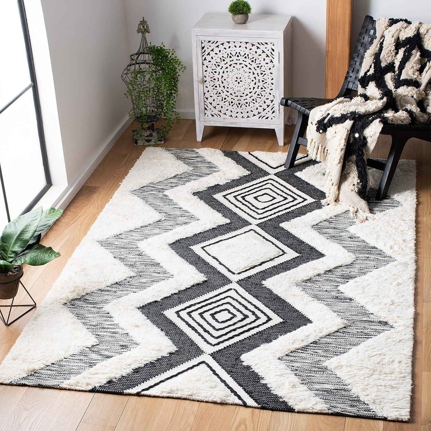 image:imageSAFAVIEH Natura Collection Area Rug 5 x 8 Ivory amp Black Handmade Moroccan Boho Wool Ideal for High Traffic Areas in Living Room Bedroom NAT681AIvoryBlack