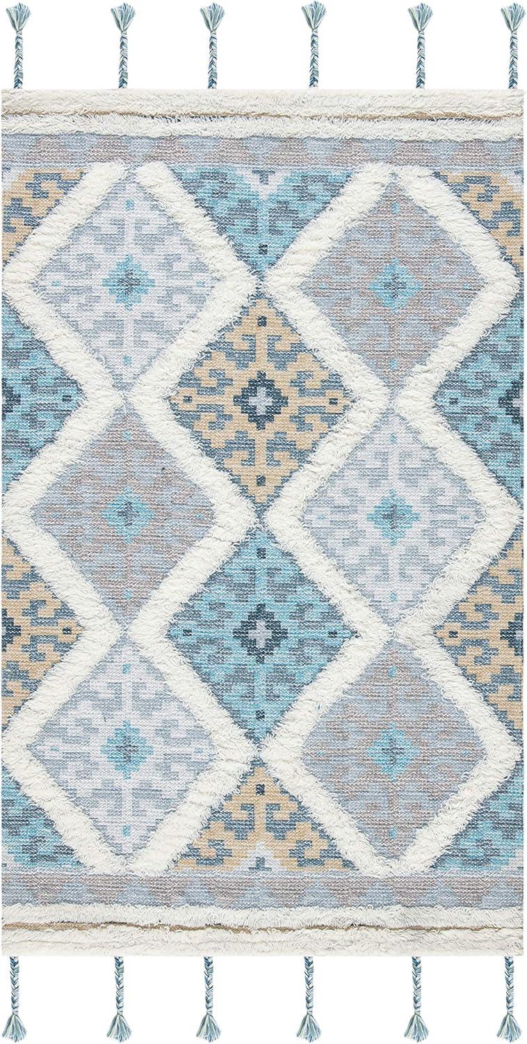 image:imageSAFAVIEH Saffron Collection 4 x 6 Ivory Turquoise SFN104A Handmade Moroccan Boho Tassel Wool Area RugIvoryTurquoise