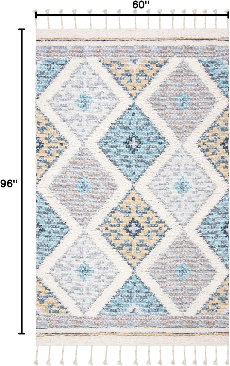 image:imageSAFAVIEH Saffron Collection 4 x 6 Ivory Turquoise SFN104A Handmade Moroccan Boho Tassel Wool Area RugIvoryTurquoise