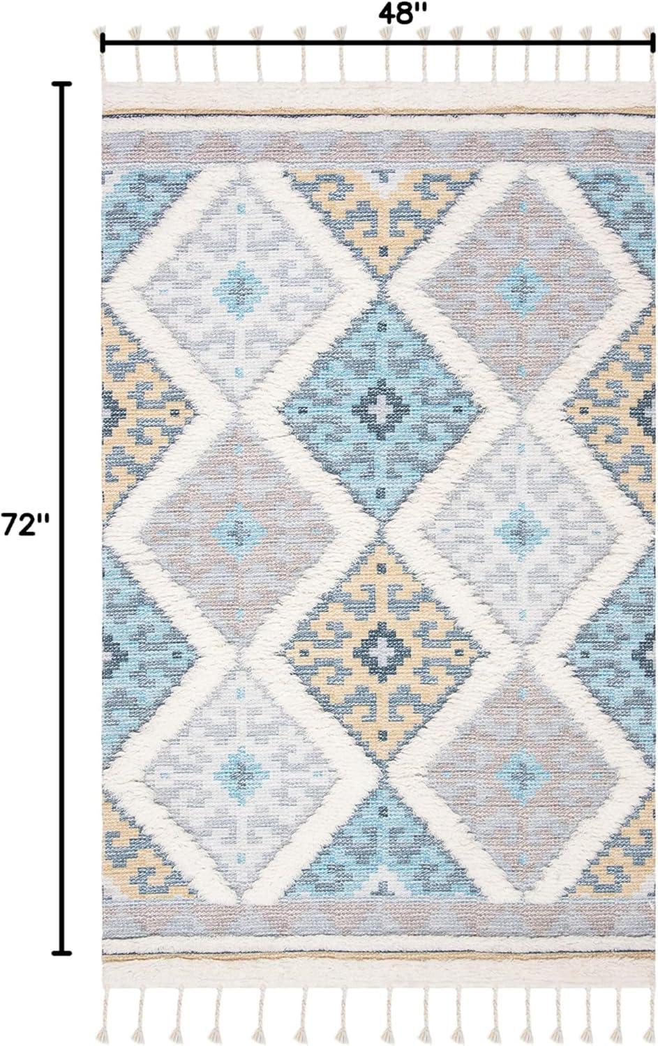 image:imageSAFAVIEH Saffron Collection 4 x 6 Ivory Turquoise SFN104A Handmade Moroccan Boho Tassel Wool Area RugIvoryTurquoise