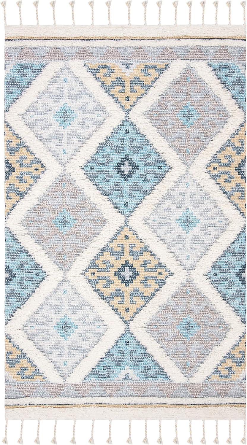 image:imageSAFAVIEH Saffron Collection 4 x 6 Ivory Turquoise SFN104A Handmade Moroccan Boho Tassel Wool Area RugIvoryTurquoise