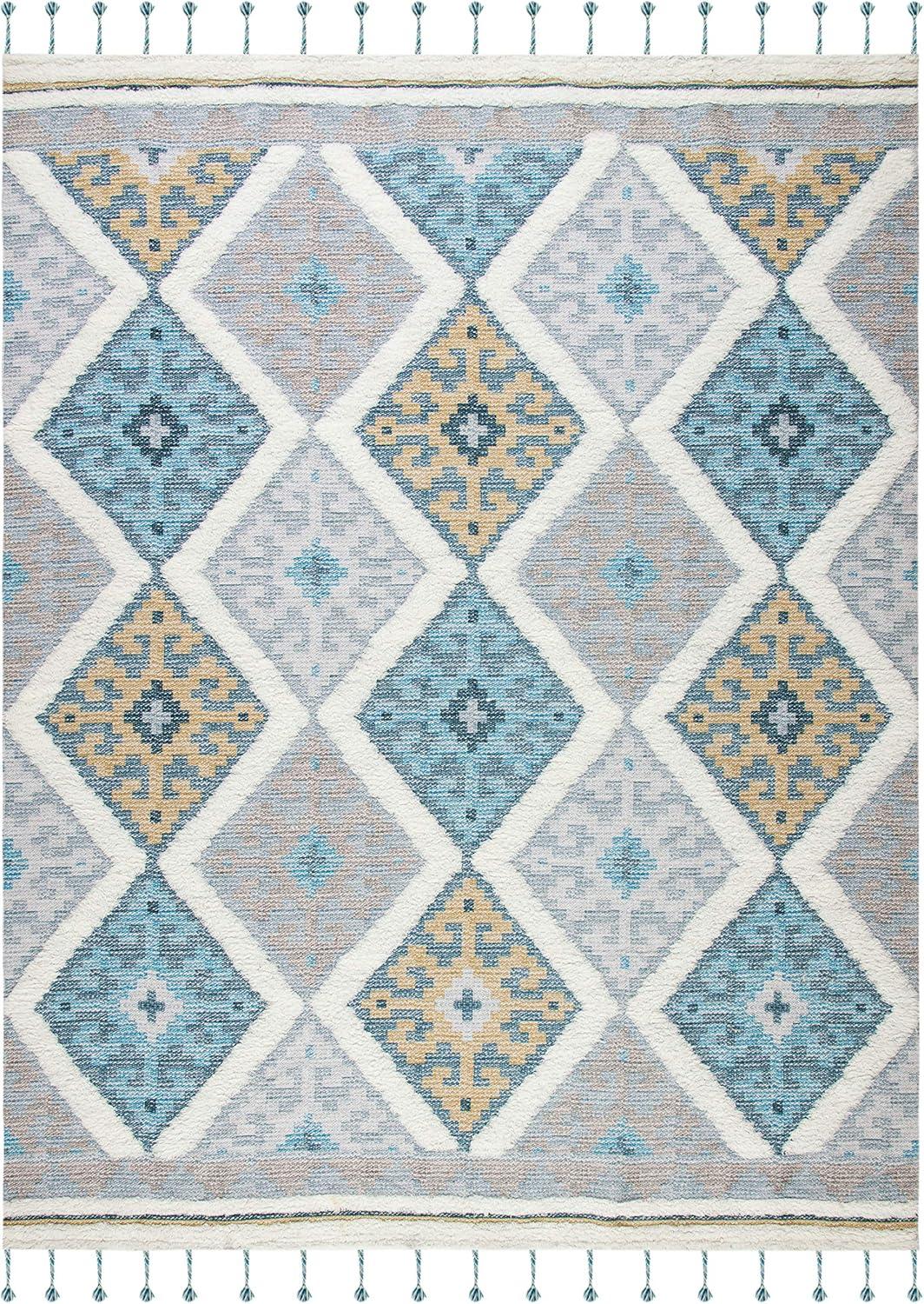image:imageSAFAVIEH Saffron Collection 4 x 6 Ivory Turquoise SFN104A Handmade Moroccan Boho Tassel Wool Area RugIvoryTurquoise