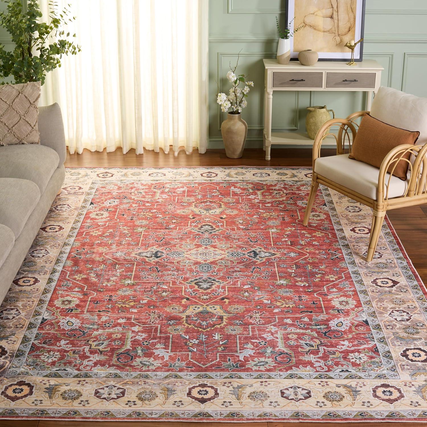 image:imageSafavieh Washable Rug Arizona Collection 8 x 10 Rust amp Aqua Slip Resistant amp Easy to Clean Ideal for Living Room Bedroom Home Office Dining Space ARZ126QRustBeige