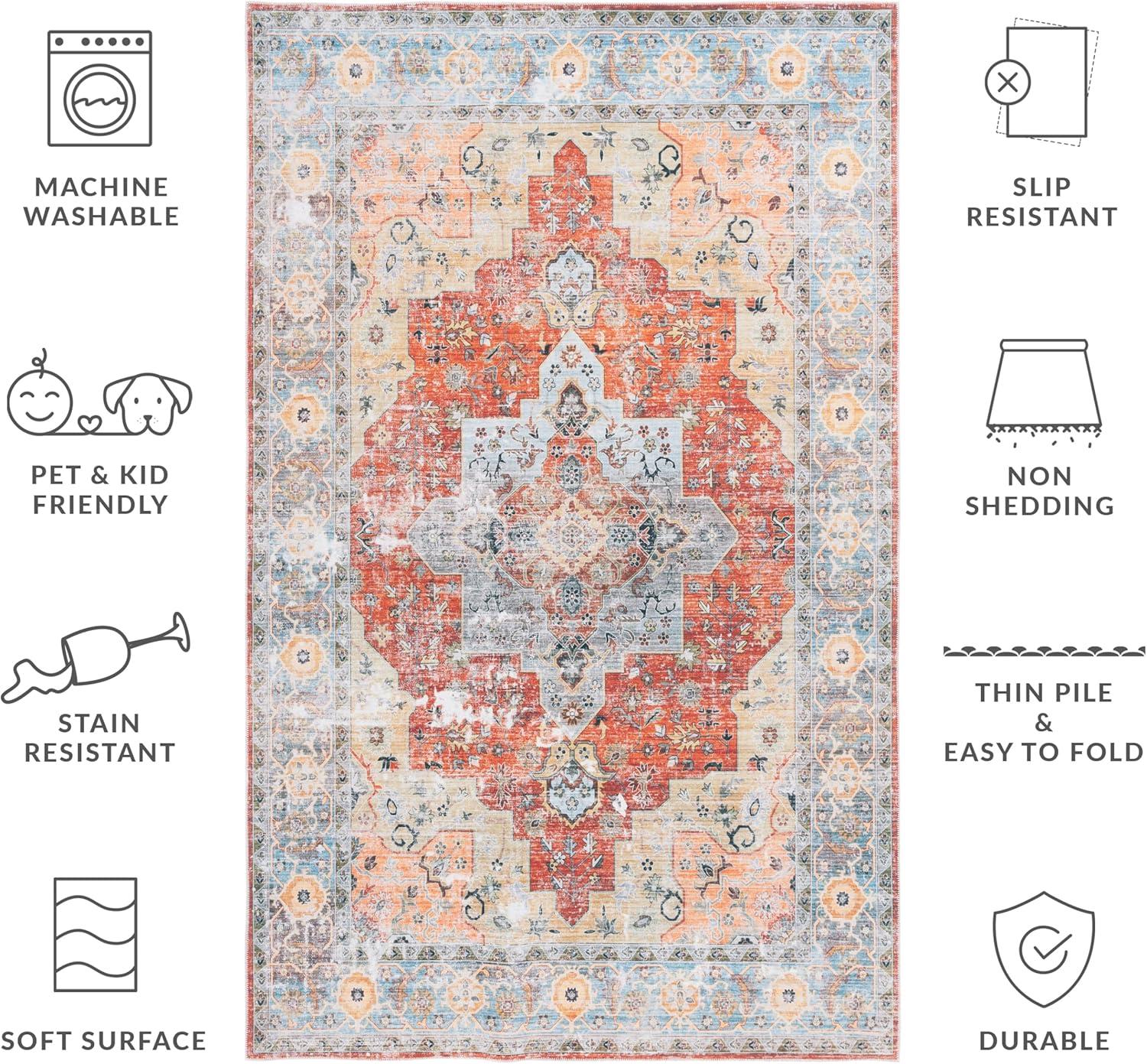 image:imageSafavieh Washable Rug Arizona Collection 8 x 10 Rust amp Aqua Slip Resistant amp Easy to Clean Ideal for Living Room Bedroom Home Office Dining Space ARZ126QRustAqua
