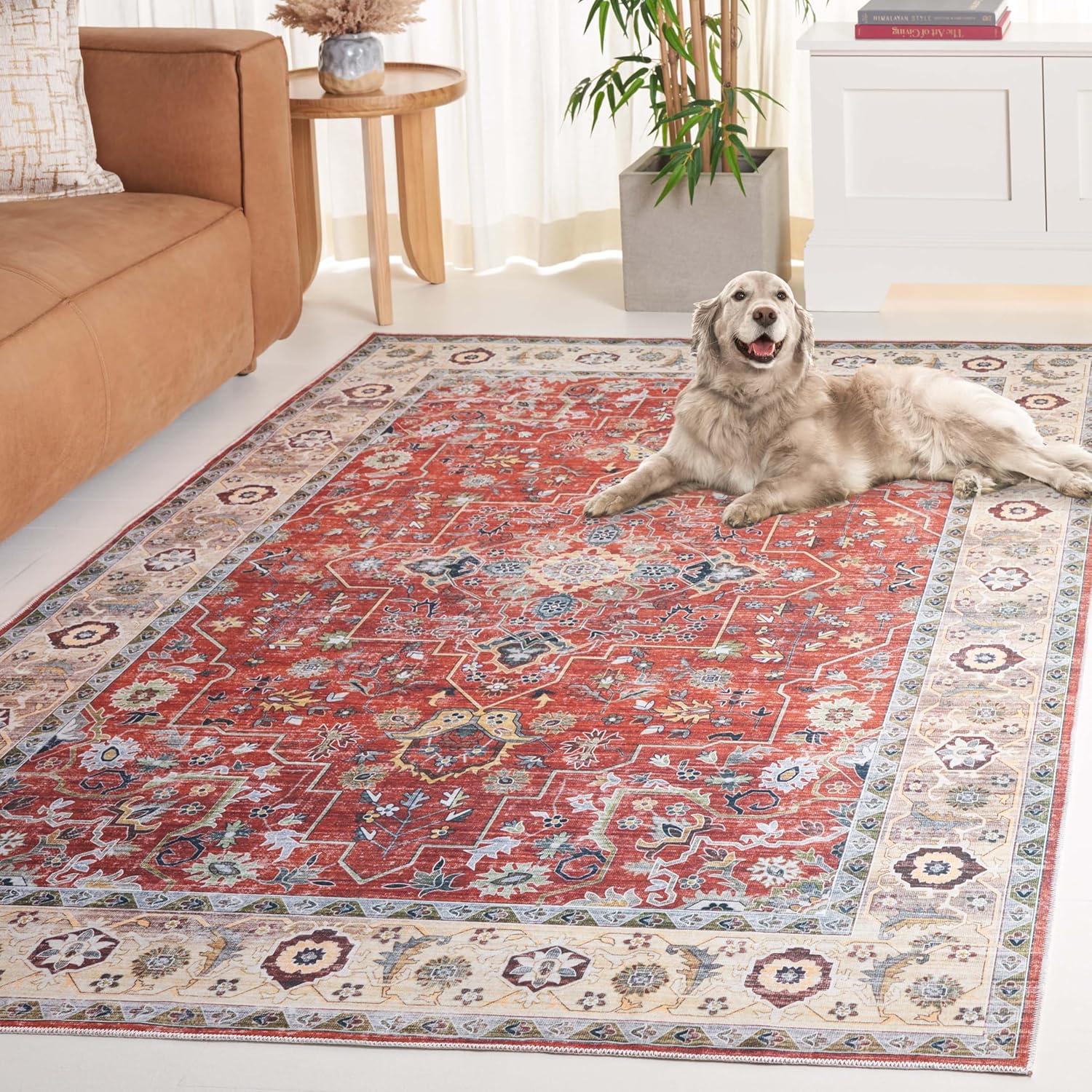 image:imageSafavieh Washable Rug Arizona Collection 8 x 10 Rust amp Aqua Slip Resistant amp Easy to Clean Ideal for Living Room Bedroom Home Office Dining Space ARZ126QRustBeige