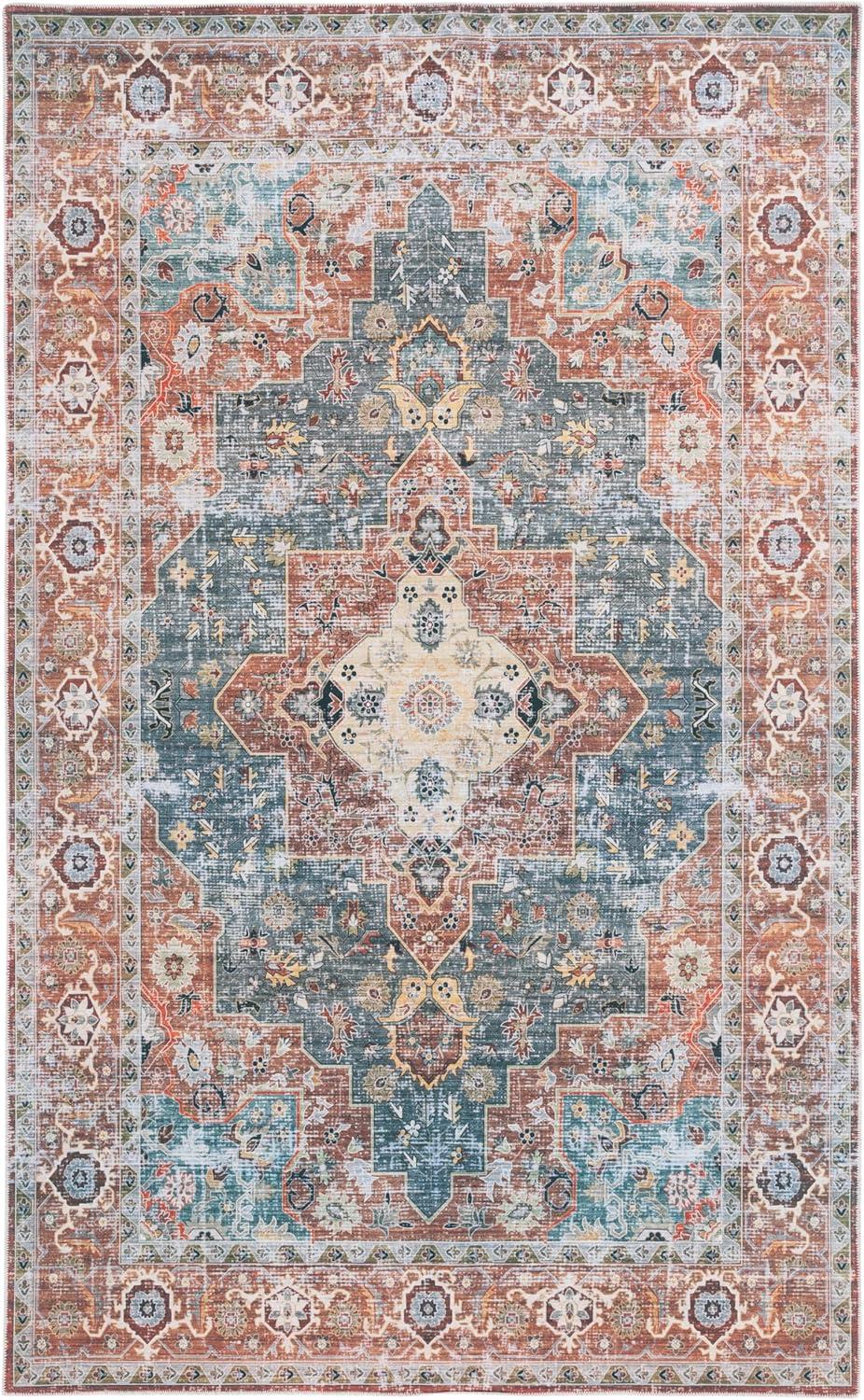 image:imageSafavieh Washable Rug Arizona Collection 8 x 10 Rust amp Aqua Slip Resistant amp Easy to Clean Ideal for Living Room Bedroom Home Office Dining Space ARZ126QRustBlue Green