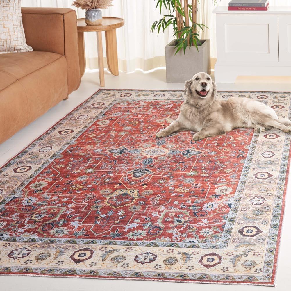 image:imageSafavieh Washable Rug Arizona Collection 8 x 10 Rust amp Aqua Slip Resistant amp Easy to Clean Ideal for Living Room Bedroom Home Office Dining Space ARZ126QRustBeige