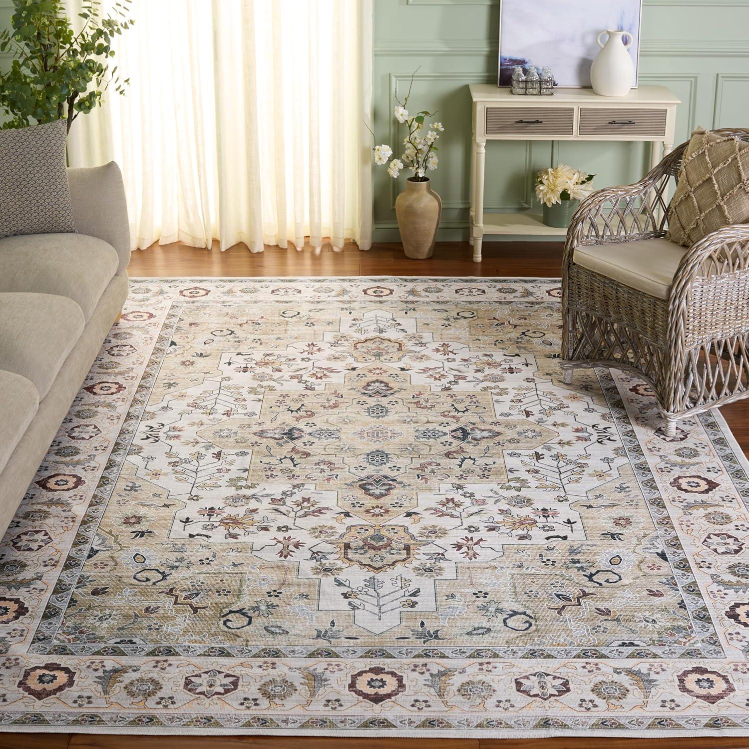 image:imageSafavieh Washable Rug Arizona Collection 8 x 10 Rust amp Aqua Slip Resistant amp Easy to Clean Ideal for Living Room Bedroom Home Office Dining Space ARZ126QLight GreenBeige