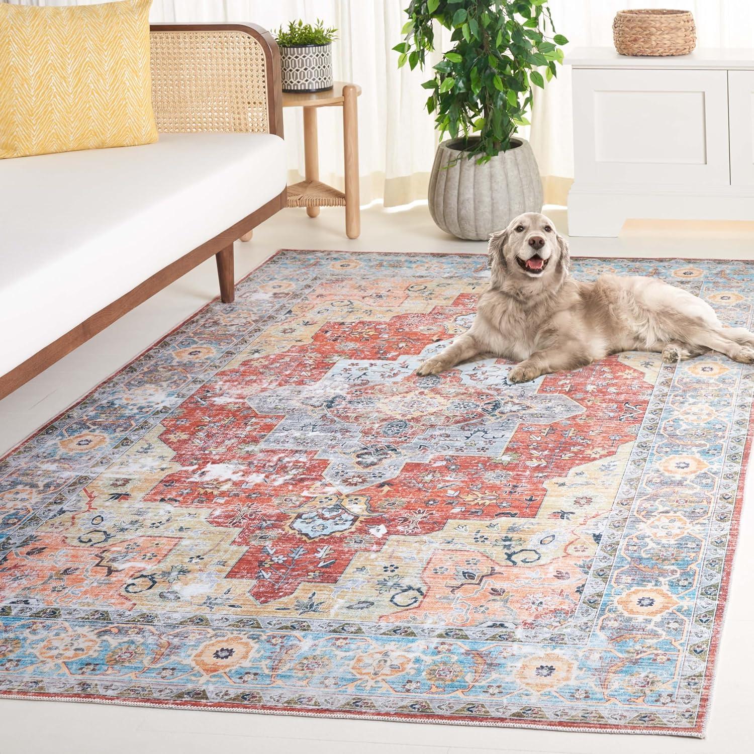image:imageSafavieh Washable Rug Arizona Collection 8 x 10 Rust amp Aqua Slip Resistant amp Easy to Clean Ideal for Living Room Bedroom Home Office Dining Space ARZ126QRustAqua