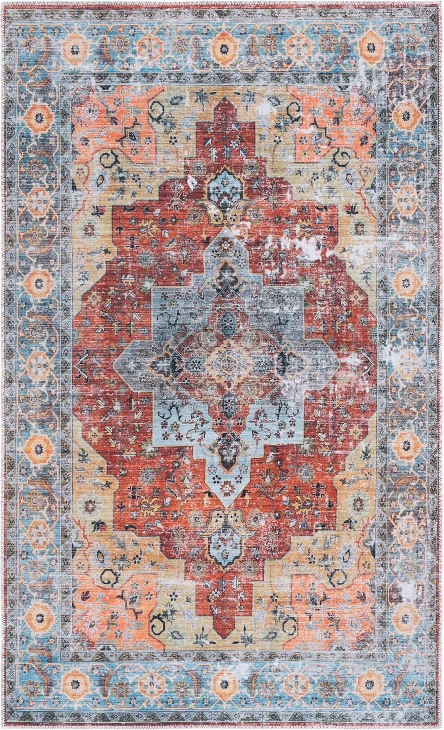 image:imageSafavieh Washable Rug Arizona Collection 8 x 10 Rust amp Aqua Slip Resistant amp Easy to Clean Ideal for Living Room Bedroom Home Office Dining Space ARZ126QRustAqua