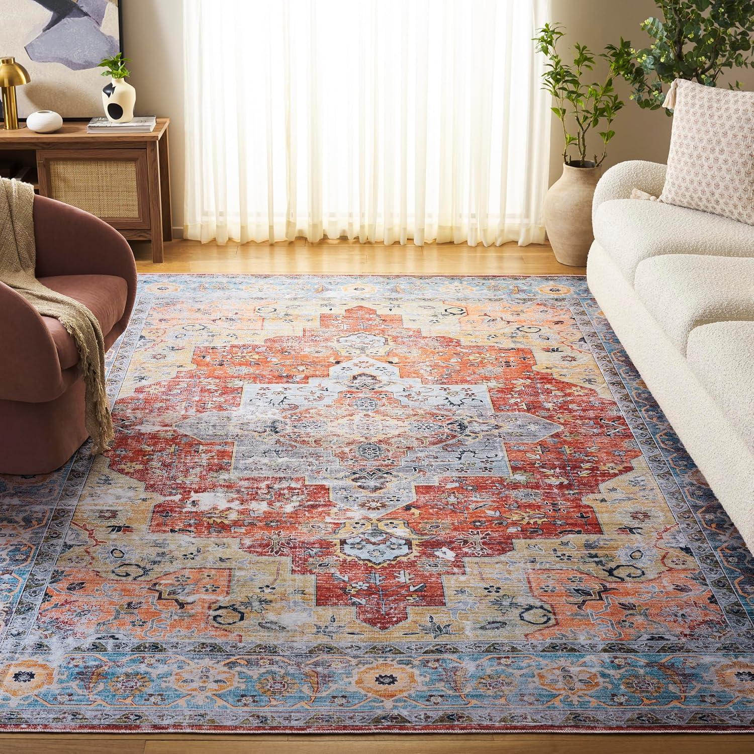 image:imageSafavieh Washable Rug Arizona Collection 8 x 10 Rust amp Aqua Slip Resistant amp Easy to Clean Ideal for Living Room Bedroom Home Office Dining Space ARZ126QRustAqua