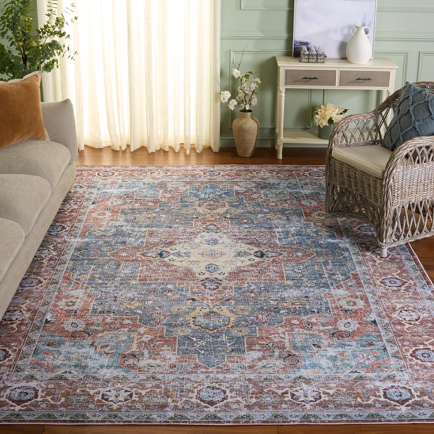 image:imageSafavieh Washable Rug Arizona Collection 8 x 10 Rust amp Aqua Slip Resistant amp Easy to Clean Ideal for Living Room Bedroom Home Office Dining Space ARZ126QRustBlue Green