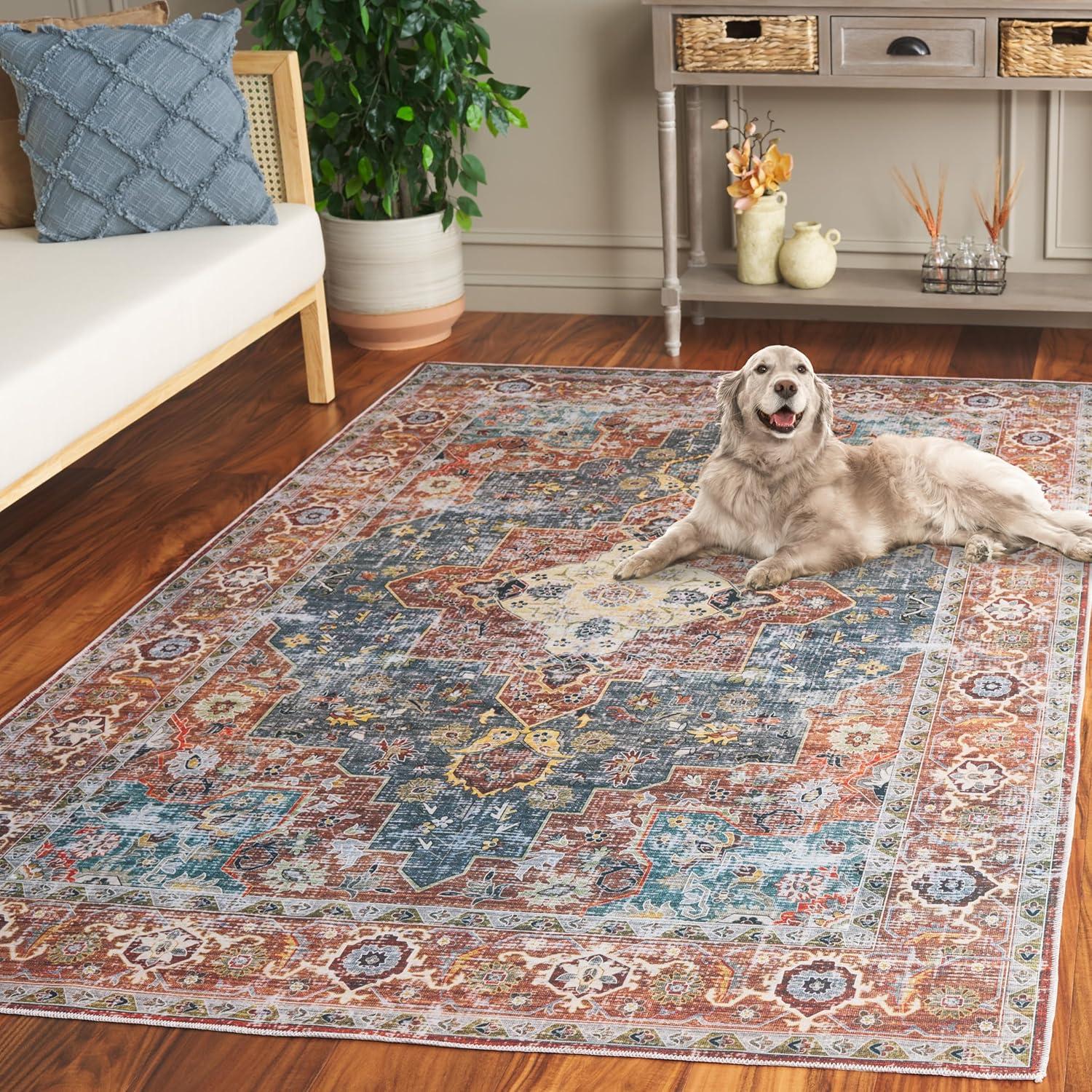 image:imageSafavieh Washable Rug Arizona Collection 8 x 10 Rust amp Aqua Slip Resistant amp Easy to Clean Ideal for Living Room Bedroom Home Office Dining Space ARZ126QRustBlue Green