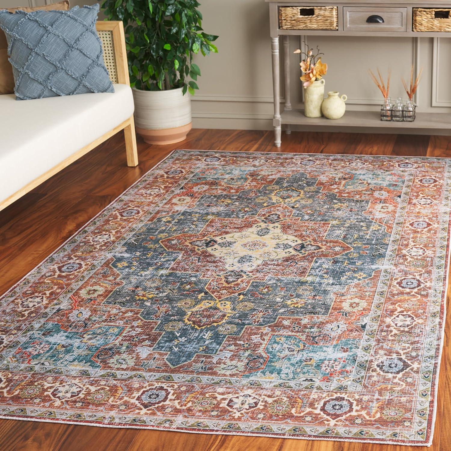 image:imageSafavieh Washable Rug Arizona Collection 8 x 10 Rust amp Aqua Slip Resistant amp Easy to Clean Ideal for Living Room Bedroom Home Office Dining Space ARZ126QRustBlue Green