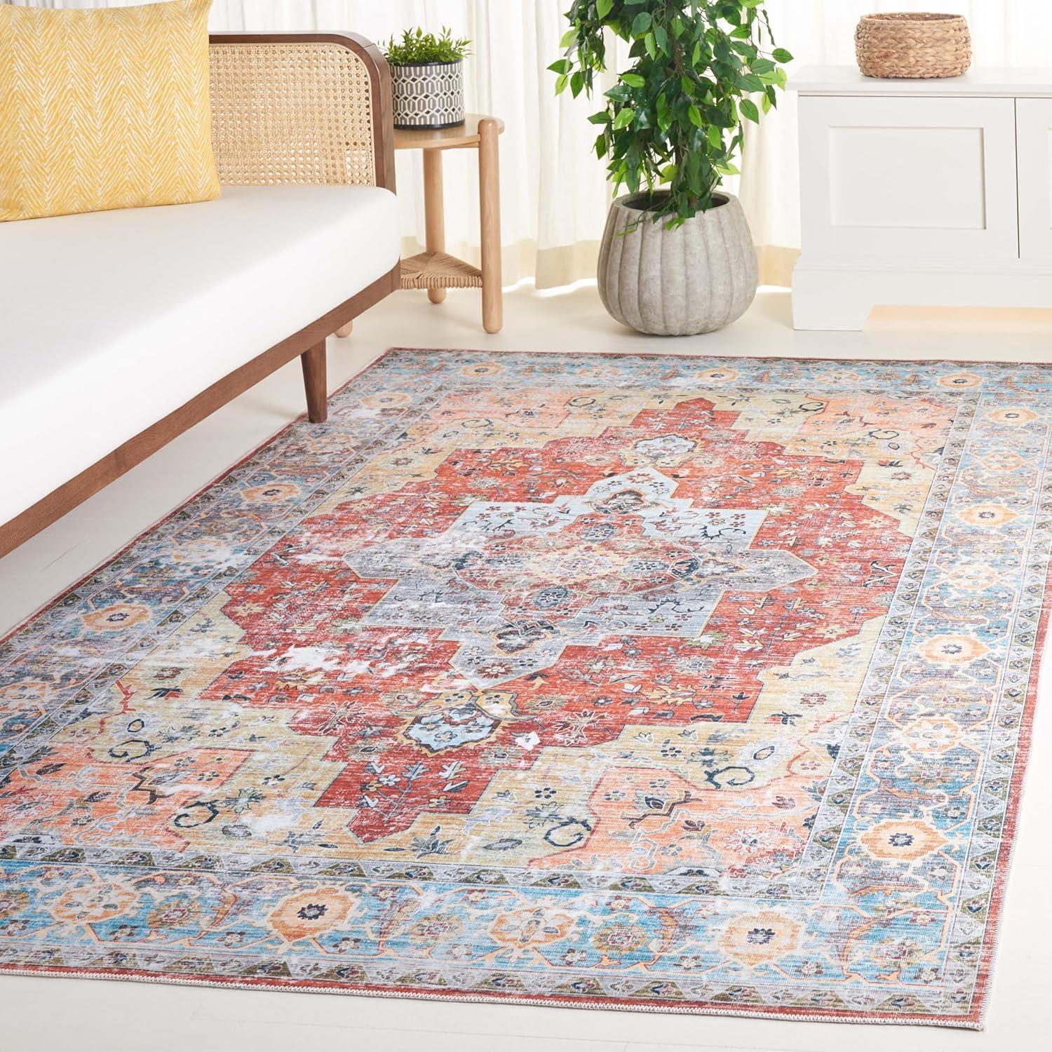image:imageSafavieh Washable Rug Arizona Collection 8 x 10 Rust amp Aqua Slip Resistant amp Easy to Clean Ideal for Living Room Bedroom Home Office Dining Space ARZ126QRustAqua