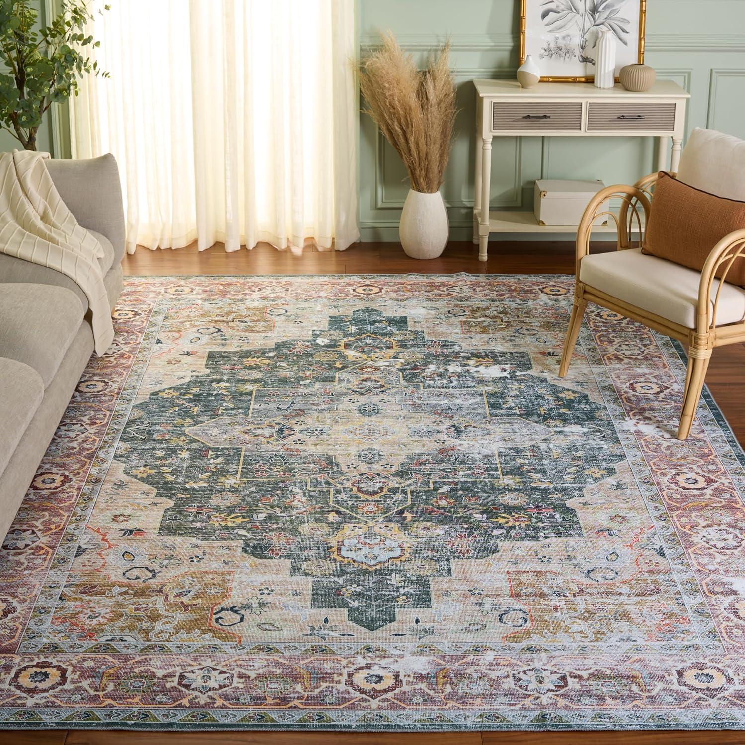 image:imageSafavieh Washable Rug Arizona Collection 8 x 10 Rust amp Aqua Slip Resistant amp Easy to Clean Ideal for Living Room Bedroom Home Office Dining Space ARZ126QGreenLight Brown