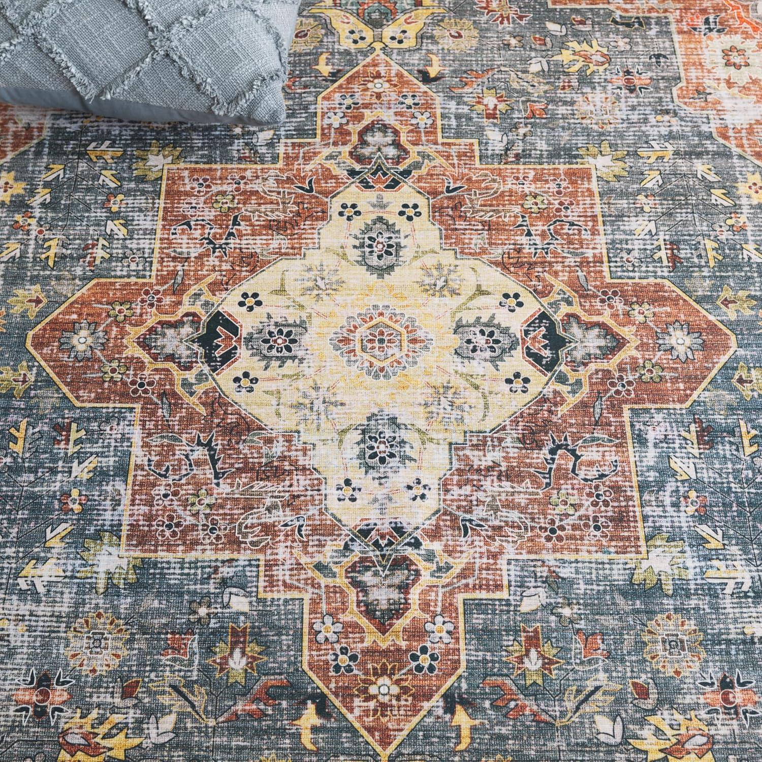 image:imageSafavieh Washable Rug Arizona Collection 8 x 10 Rust amp Aqua Slip Resistant amp Easy to Clean Ideal for Living Room Bedroom Home Office Dining Space ARZ126QRustBlue Green