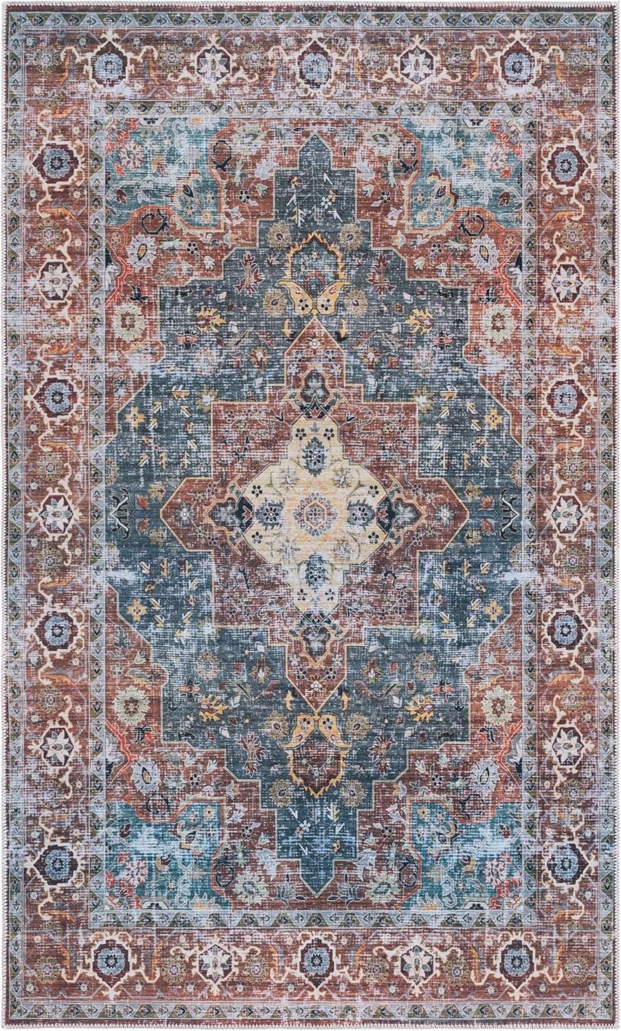 image:imageSafavieh Washable Rug Arizona Collection 8 x 10 Rust amp Aqua Slip Resistant amp Easy to Clean Ideal for Living Room Bedroom Home Office Dining Space ARZ126QRustBlue Green