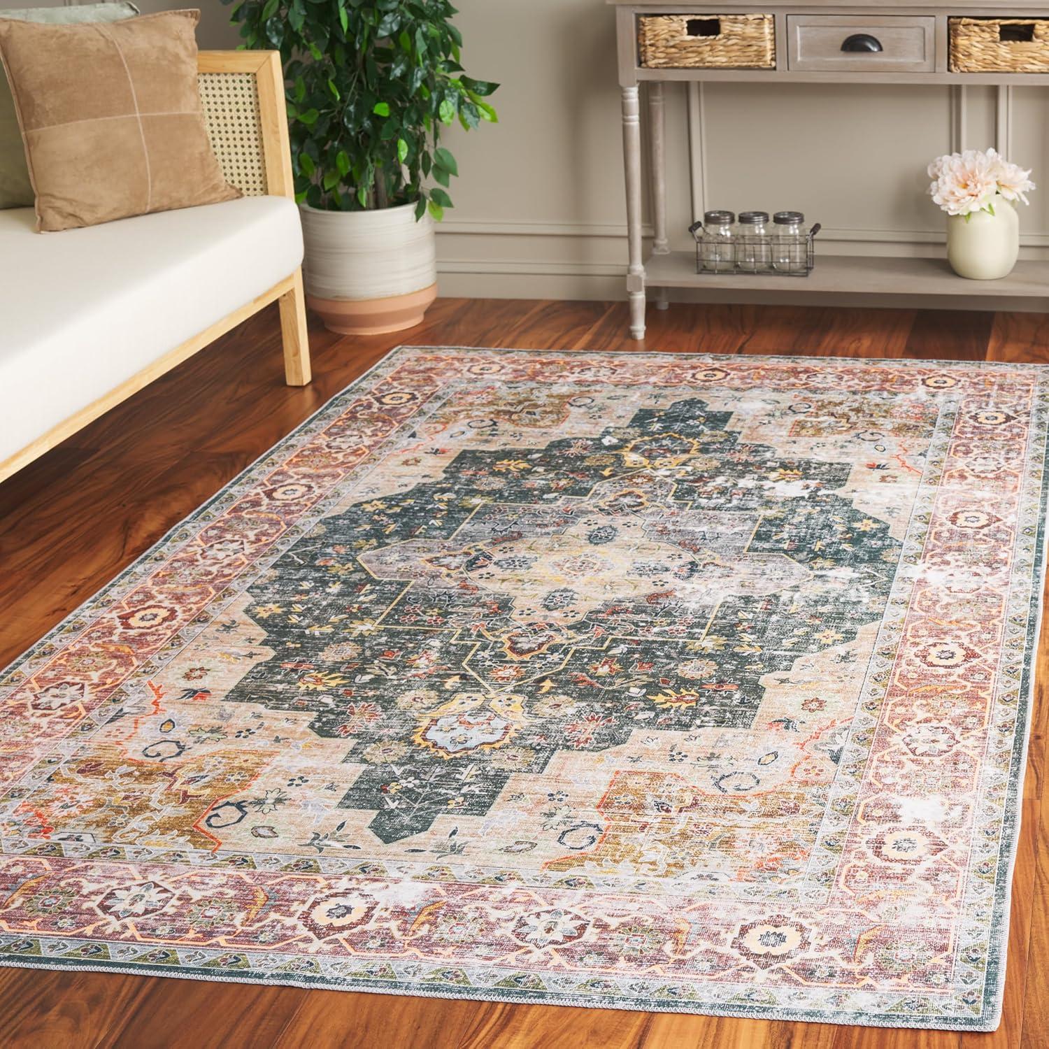 image:imageSafavieh Washable Rug Arizona Collection 8 x 10 Rust amp Aqua Slip Resistant amp Easy to Clean Ideal for Living Room Bedroom Home Office Dining Space ARZ126QGreenLight Brown