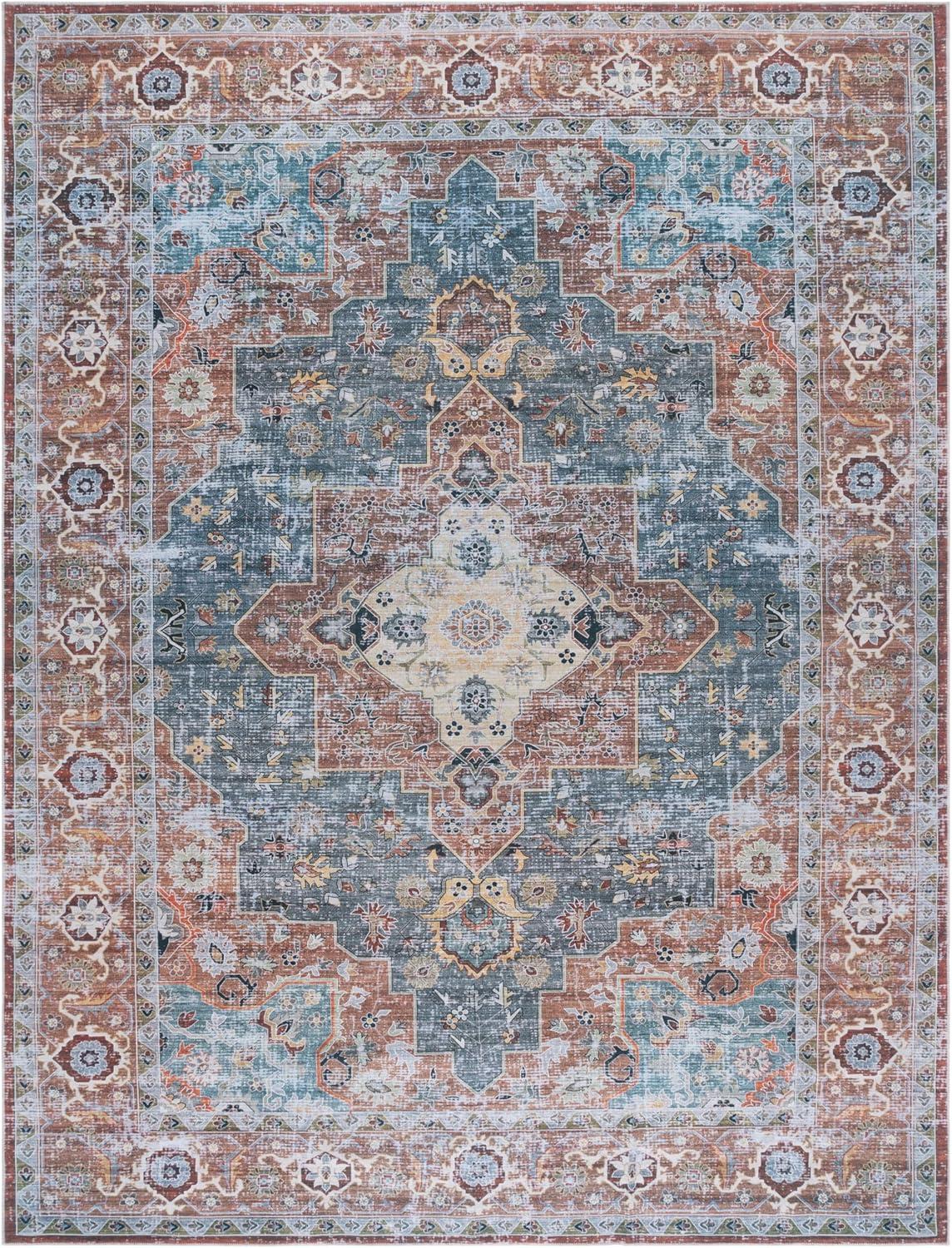 image:imageSafavieh Washable Rug Arizona Collection 8 x 10 Rust amp Aqua Slip Resistant amp Easy to Clean Ideal for Living Room Bedroom Home Office Dining Space ARZ126QRustBlue Green