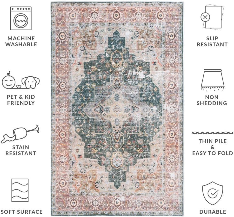 image:imageSafavieh Washable Rug Arizona Collection 8 x 10 Rust amp Aqua Slip Resistant amp Easy to Clean Ideal for Living Room Bedroom Home Office Dining Space ARZ126QGreenLight Brown