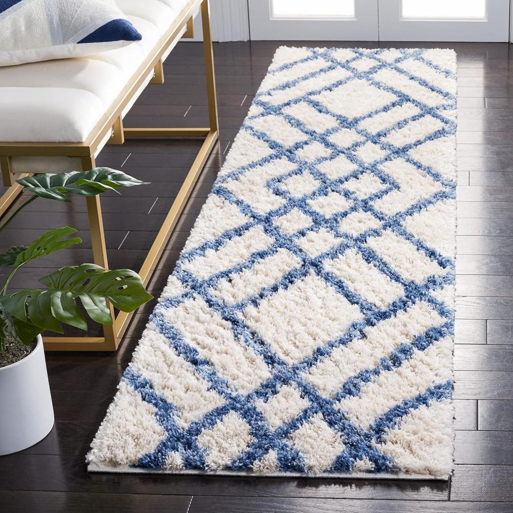 image:imageSAFAVIEH Berber Shag Collection 5 x 7 CreamGrey BER214A Moroccan NonShedding Living Room Bedroom Dining Room Entryway Plush 12inch Thick Area RugIvoryBlue