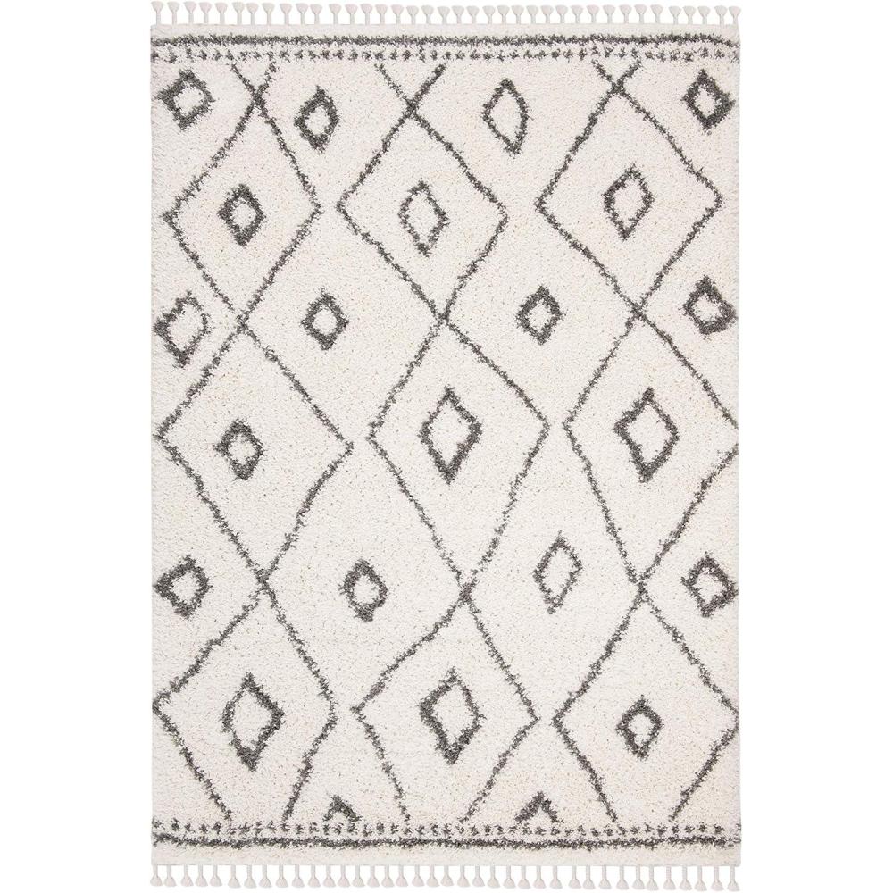 image:imageSAFAVIEH Moroccan Fringe Shag Collection Area Rug 53 x 76 Ivory amp Grey Boho Tribal Design NonShedding amp Easy Care 2inch Thick Ideal for High Traffic Areas in Living Room Bedroom MFG333AIvoryGrey