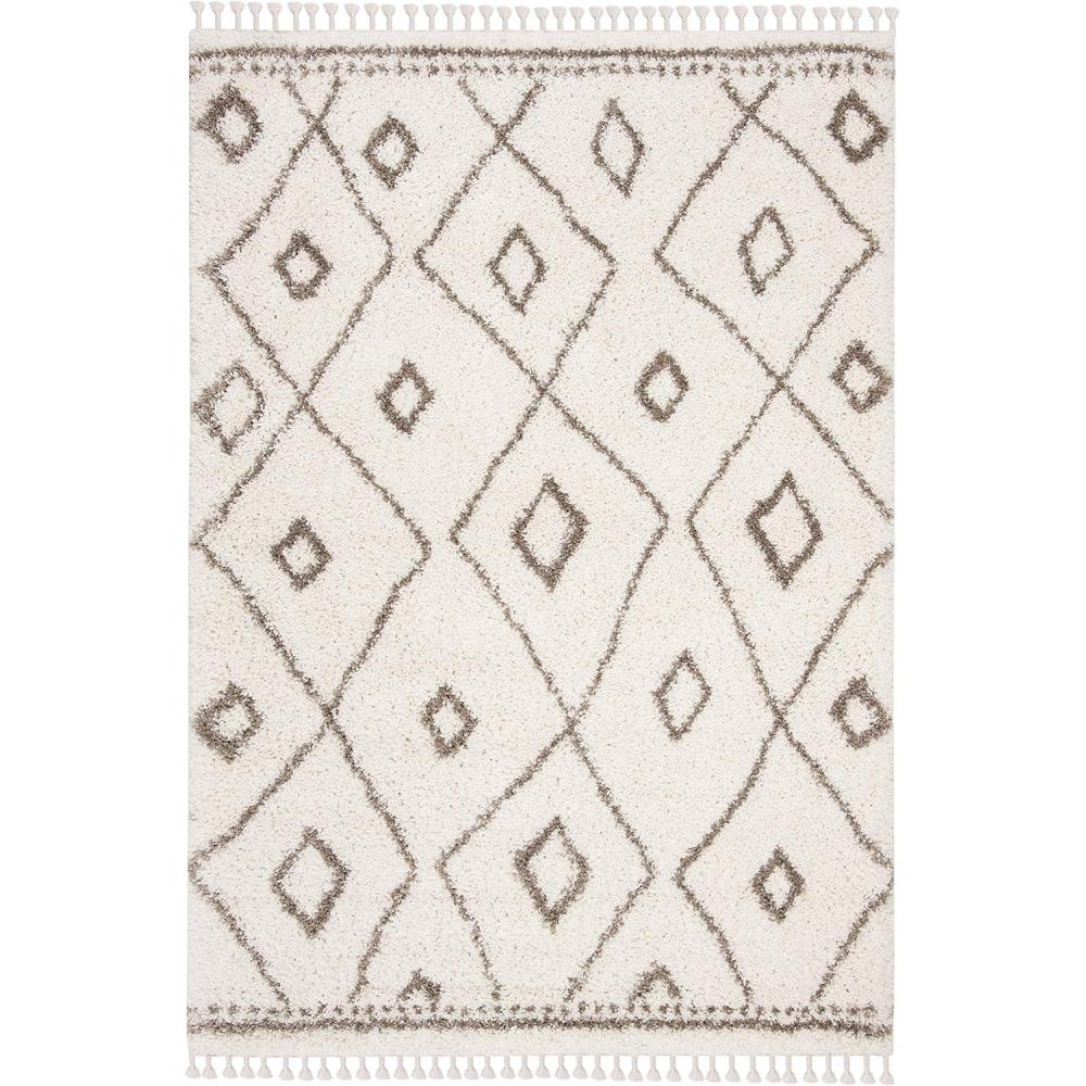 image:imageSAFAVIEH Moroccan Fringe Shag Collection Area Rug 53 x 76 Ivory amp Grey Boho Tribal Design NonShedding amp Easy Care 2inch Thick Ideal for High Traffic Areas in Living Room Bedroom MFG333AIvoryBeige